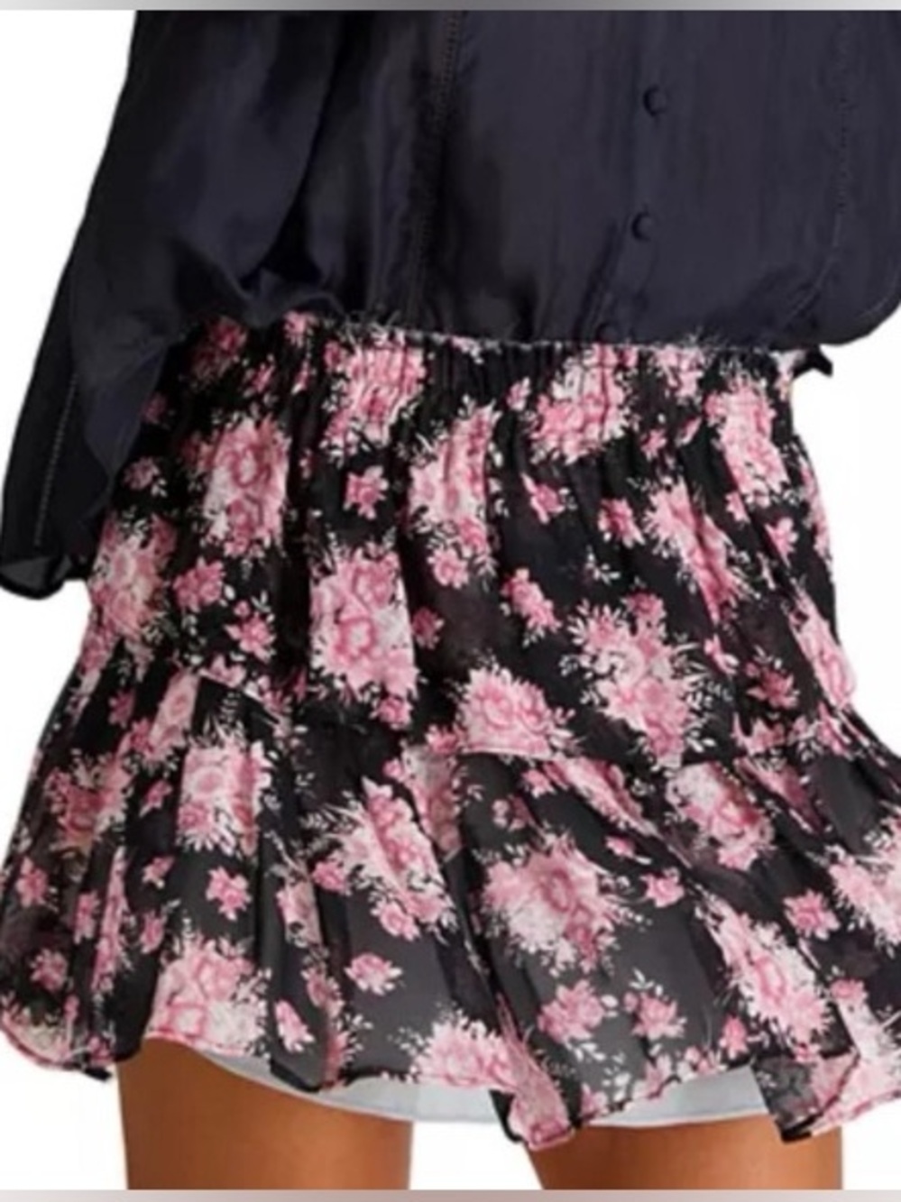 LoveShackFancy silk Black Mini Skirt with Pink Floral Print